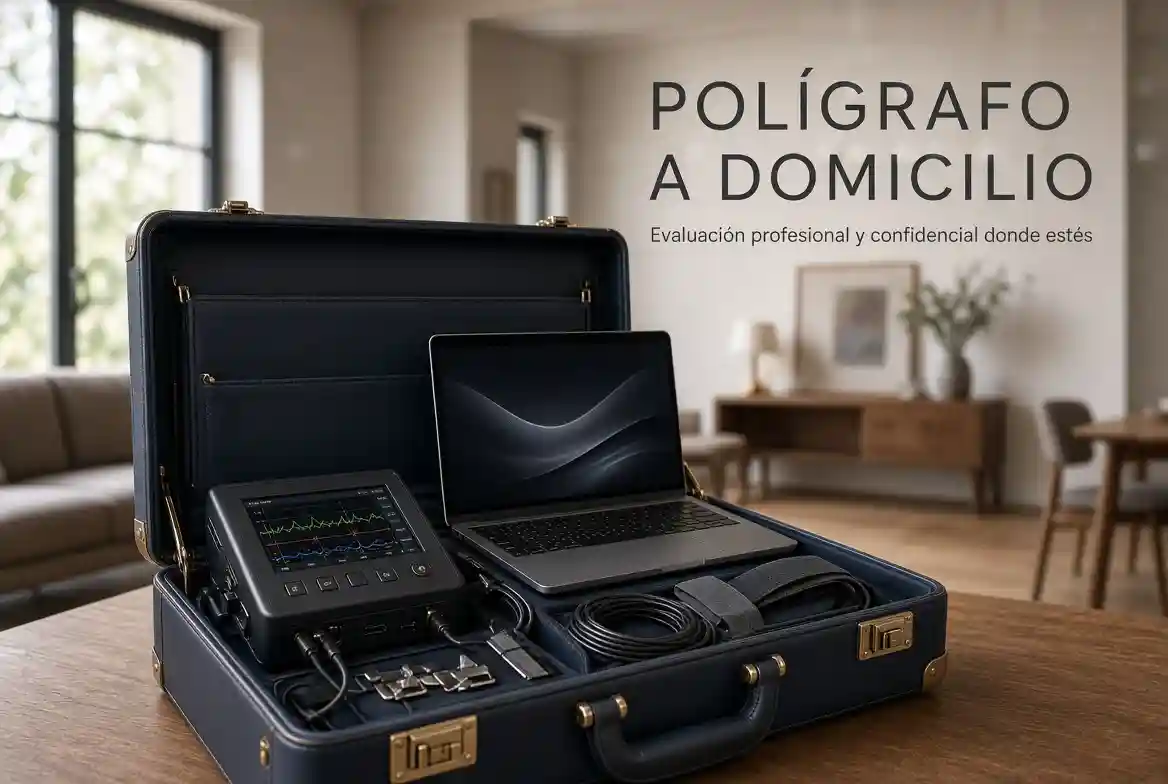 Maletín con equipo de polígrafo abierto sobre una mesa, en una sala luminosa, para una evaluación a domicilio en Lima